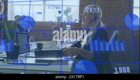 Image of data processing over diverse business people in office Stock Photo
