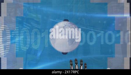 Image of globe and robotic hand over cars on street Stock Photo