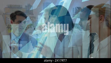 Image of financial data processing and arrows over diverse business people in office Stock Photo