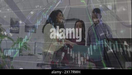 Image of financial data processing over business people in office Stock Photo