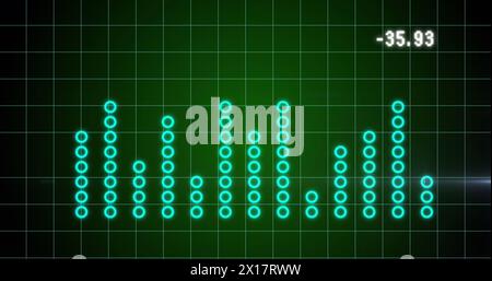 Image of light spot and statistical data processing over grid network against green background Stock Photo