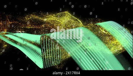 Image of binary coding and data processing over light trails Stock Photo