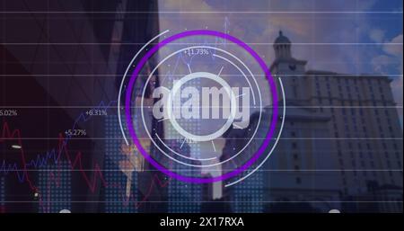 Image of round scanner and statistical data processing against tall buildings Stock Photo