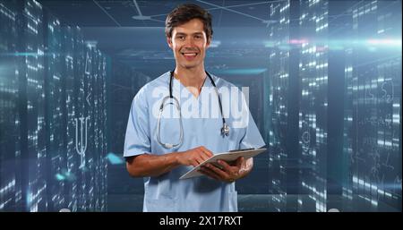 Image of mathematical equations over caucasian male doctor Stock Photo