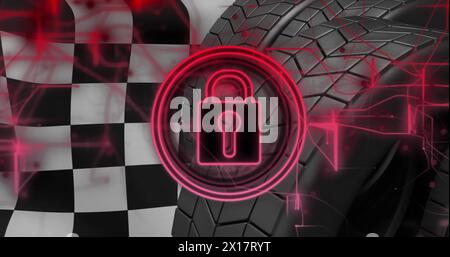 Image of padlock icon and data processing over tyres Stock Photo