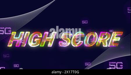 Image of high score text over 5g text and data processing on dark background Stock Photo
