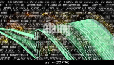 Image of binary coding and data processing over light trails Stock Photo