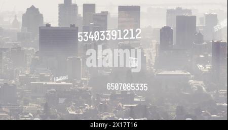 Image of numbers and data processing over cityscape Stock Photo