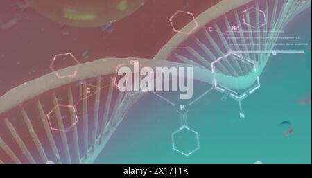Image of bubbles over dna strand and chemical formula on blue background Stock Photo