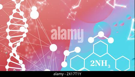 Image of chemical formula and dna strand over bubbles on colorful background Stock Photo