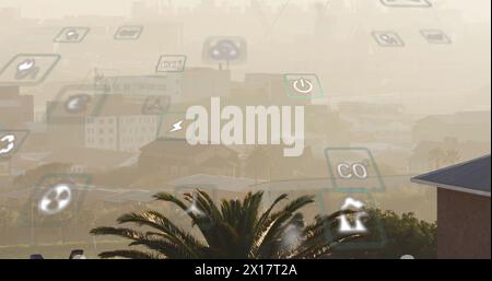 Image of eco icons and data processing over cityscape Stock Photo