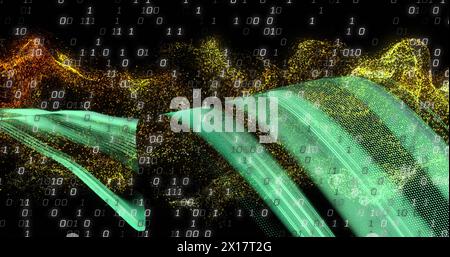Image of binary coding and data processing over light trails Stock Photo