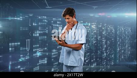 Image of mathematical equations over caucasian male doctor with tablet Stock Photo