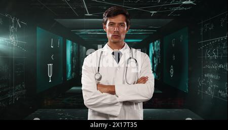 Image of mathematical equations over caucasian male doctor Stock Photo