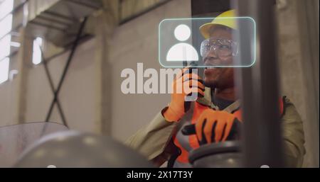 Image of network of icons over african american worker using walkie talkie Stock Photo