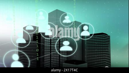 Image of network of icons and binary coding over cityscape Stock Photo