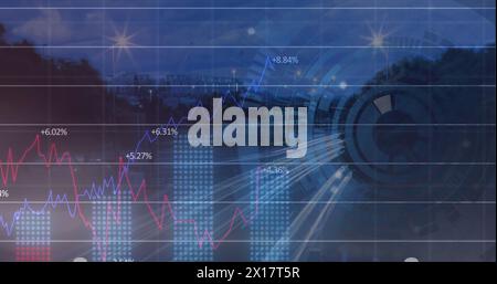 Image of round scanner over statistical data processing against city traffic Stock Photo