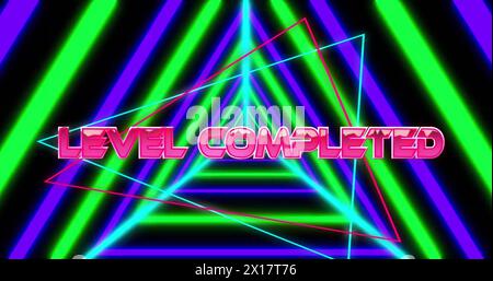 Image of level completed text over neon pattern Stock Photo
