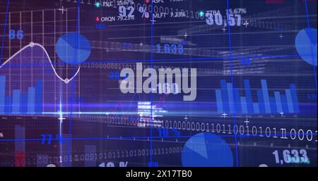Image of financial data processing over grid on dark background Stock Photo