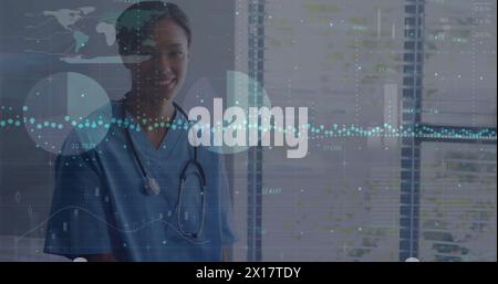 Image of data processing over biracial female doctor Stock Photo
