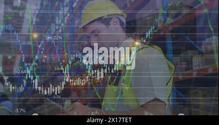 Image of data processing over warehouse worker using smartphone in shipping centre Stock Photo