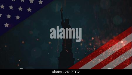 Image of american flag revealing statue of liberty and tiny glowing particles falling Stock Photo