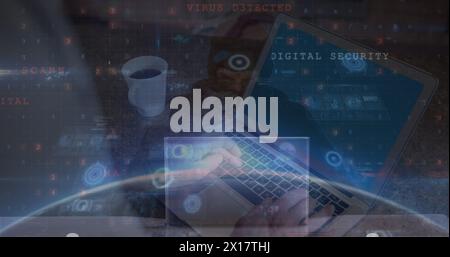 Image of digital interface over person using laptop Stock Photo