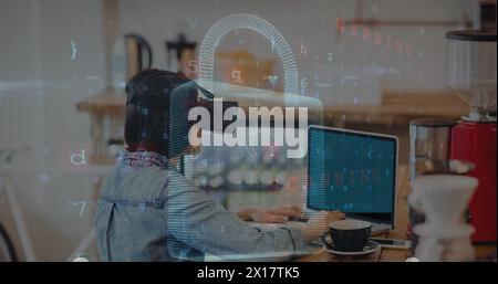 Image of data processing over padlock and biracial woman using vr headset and laptop Stock Photo