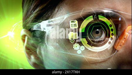 Image of globe over woman wearing vr headset Stock Photo