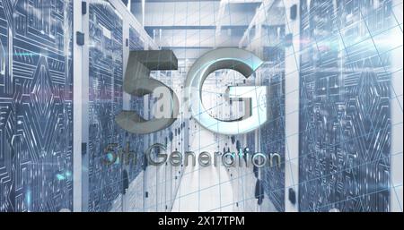 Image of 5g text, mathematical equations and data processing over computer servers Stock Photo