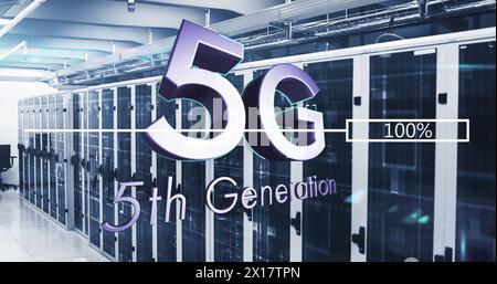 Image of 5g text, mathematical equations and data processing over computer servers Stock Photo