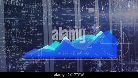 Image of statistics, mathematical equations and data processing over computer servers Stock Photo