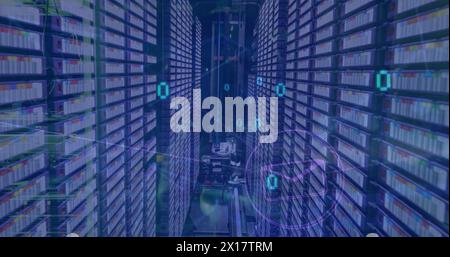 Image of binary codes coming out of tunnel, connected icons against server room and equipment Stock Photo