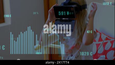 Image of financial data processing over caucasian girl using vr headset Stock Photo