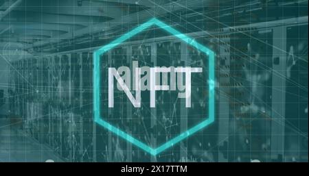 Image of nft text and data processing over server room and globe Stock Photo