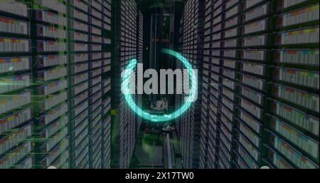 Image of loading circle over dots against server racks and equipment in background Stock Photo