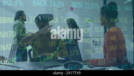 Image of trading board and graph on diverse coworkers testing metaverse wearing vr headsets Stock Photo