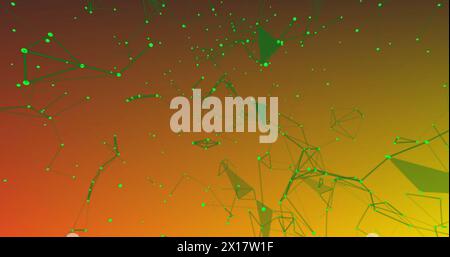 Image of green illuminated dots connecting with lines and moving on gradient background Stock Photo