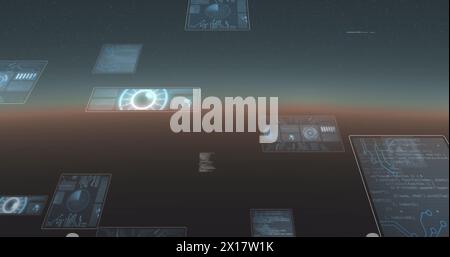 Image of hud screens with graphs and computer language on abstract background Stock Photo