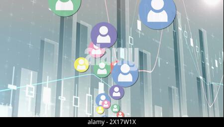 Image of colourful profile icons moving over multiple graphs and numbers. Digitally generated, hologram, social media, telecommuting, business, report Stock Photo