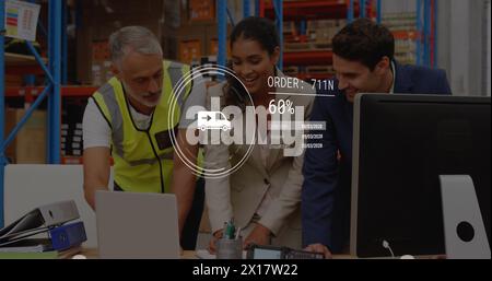 Image of data processing over diverse supervisors and workers discussing together at warehouse Stock Photo
