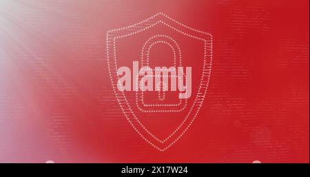 Image of padlock and shield with lines moving against red background Stock Photo