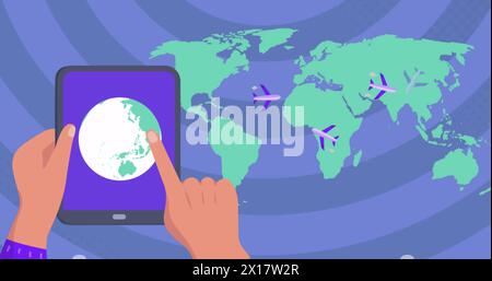 Image of airplanes flying over map and hands rotating globe on digital tablet Stock Photo