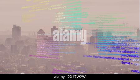 Image of computer language and grid pattern over aerial view of modern city against sky Stock Photo