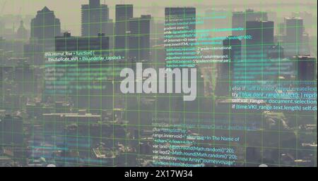 Image of computer language and grid pattern over aerial view of modern city against sky Stock Photo