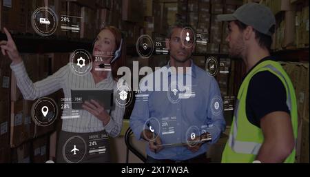 Image of data processing over diverse supervisors and workers discussing together at warehouse Stock Photo