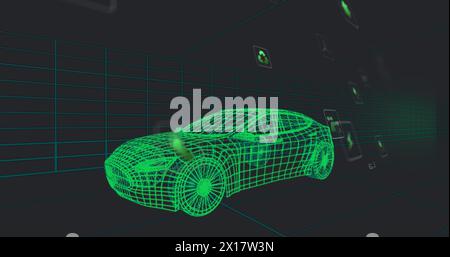 Image of multiple digital icons over 3d car model moving in seamless pattern in a tunnel Stock Photo
