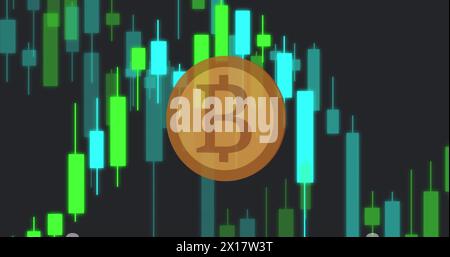 Image of bitcoin over financial data processing on black background Stock Photo