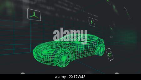 Image of multiple digital icons over 3d car model moving in seamless pattern in a tunnel Stock Photo
