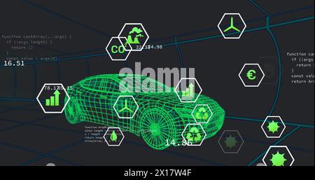 Image of multiple digital icons over 3d car model moving in seamless pattern in a tunnel Stock Photo